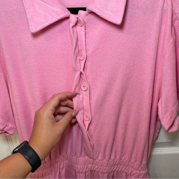 The Good American Terry Cloth Cinched Waist Pink Romper Short Sleeves - Picture 5 of 16